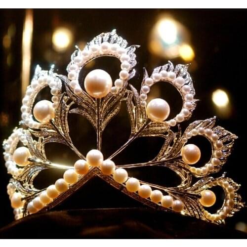 HIMSTORY Gorgeous Large Princess Peacock Wedding Hair Crown Bridal Feather Pearl Rhinestones Woman Party Festival Hairwear