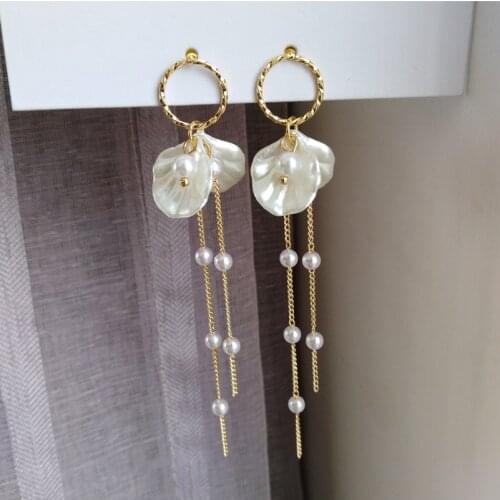 S925 Needle Fashion Jewelry Petal Flower Texture Circle Simlated Pearl Long Chain Tassel Dangle Earrings Women Gifts