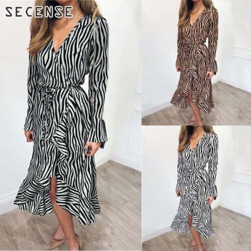 Chiffon Lace Up Dress Leopard v Neck Long Sleeve Office Dress Irregular Hem Spring Autumn Women Clothes SECENSE