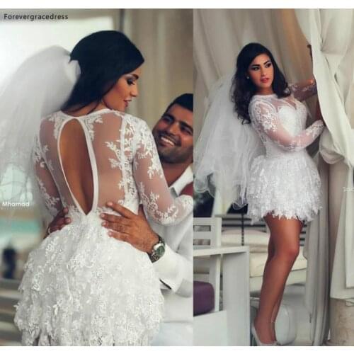 Vintage Short Lace Wedding Dress Long Sleeves Arabic Juniors Sweet 15 Bridal Party Dress Custom Made Plus Size