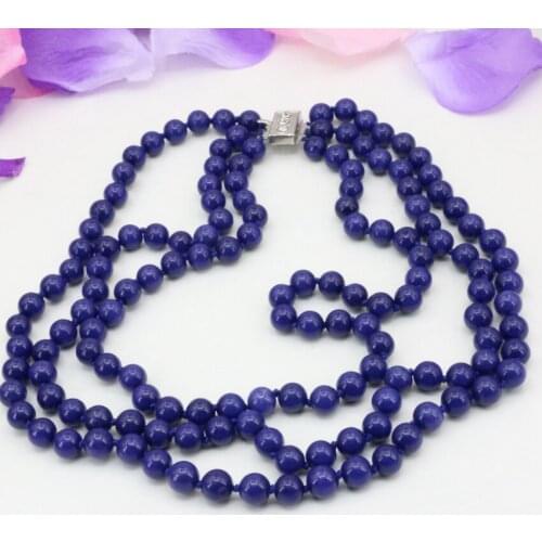 High quality new fashion women prom 3 rows necklace 8mm blue lapis lazuli stone round beads diy jewelry 17-19inch B3207