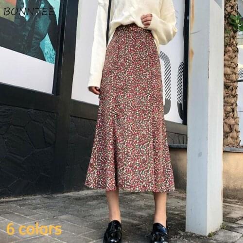 Skirts Womens High Waist Floral Elegant Casual Korean Style All-match Mid-calf Lady Autumn Corduroy Soft Temperament Retro New
