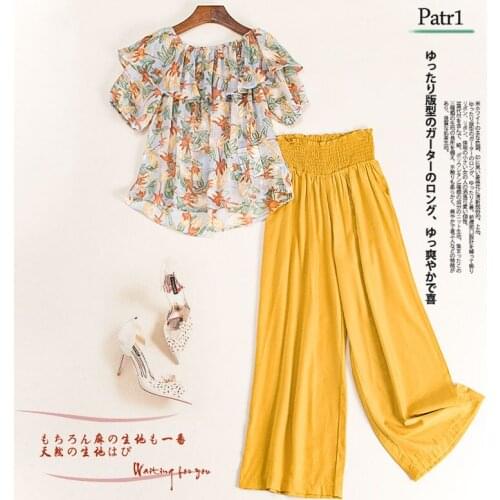 Woman 2 piece sets 2020 summer girls printed chiffon sexy slash neck short sleeve blouses top + solid wide leg pants set JC268