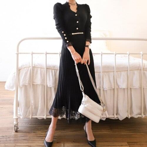 New arrival fashion korean knitting set for women spring autumn elegant temperament office lady simple black two piece skirt set