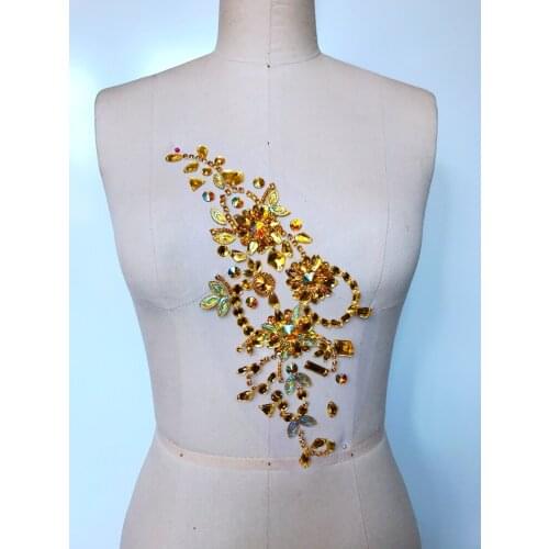 A205-golden Handmade beads stones patches sew on Rhinestones applique crystals 30*13cm for dress