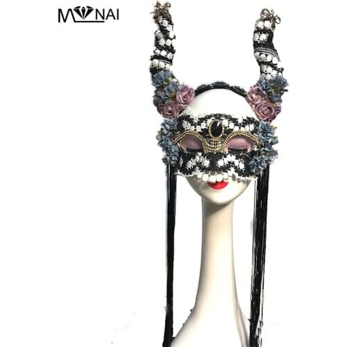 Gothic Headband Floral Tassels Mask Headpieces Party Head Tiara Horn Headband Halloween Lolita Fancy Dress