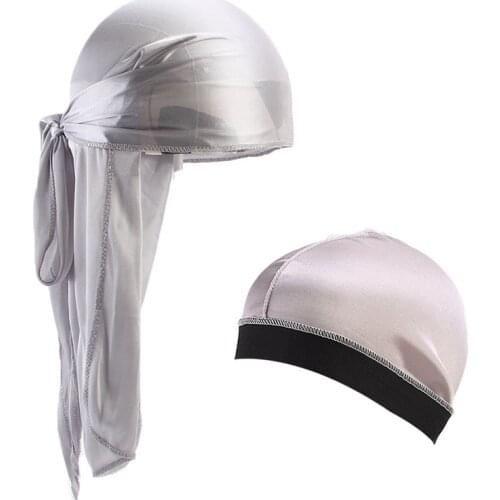 New Unisex Silky Durag Long Tail Bandana Turban Hat silky Dome Cap Turban wide band stretchy wig cap
