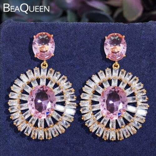 BeaQueen Dazzling Oval Pink Cubic Zirconia Big Round Hanging Drop Earrings for Women Luxury Wedding Jewelry Accessories E402