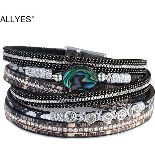 ALLYES Multilayer Boho Crystal Leather Bracelets for Women Natural Abalone shell Charm Wrap Bracelets Fashion Jewelry