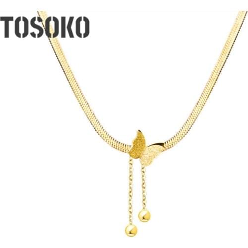 TOSOKO Stainless Steel Blade Chain Frosted Butterfly Steel Ball Tassel Clavicle Chain Feminine Sexy Neckla BSP513