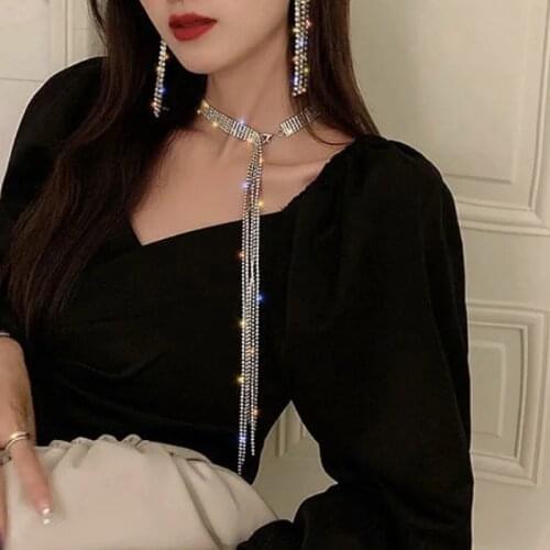 Elegant indifference Tassels Long Full Rhinestone Necklace Neck chain Women Bow tie Geometry Clavicle chain Fashion Gift