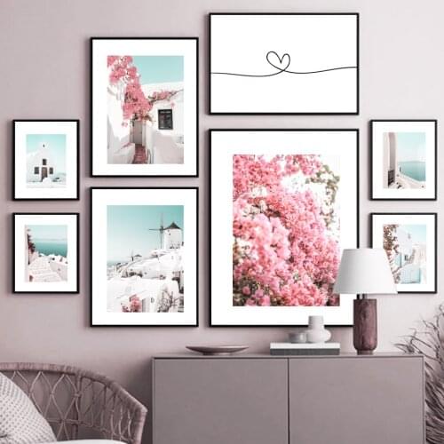 Santorini Island House Bougainvillea Flower Nordic Posters And Prints Art Canvas Painting Wall Pictures For Living Room Decor