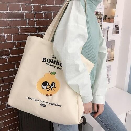 Women Canvas Shopping Bag Orange Cartoon Embroidery Cotton Cloth Shoulder Bag Eco Handbag Tote Reusable Grocery Shopper Bags