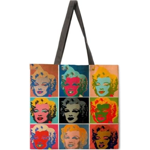 Oil painting Monroe linen shopping bag ladies shoulder bag foldable shopping bag beach tote bag