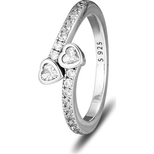 Forever Hearts Ring with Clear Cubic Zirconia 925 Sterling Silver Jewelry Free Shipping
