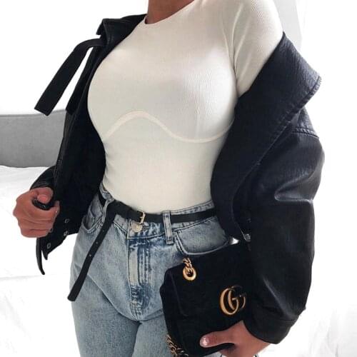 Rapwriter Casual Wave Line Ribbed O-Neck Long Sleeve Crop Top Basic White T-Shirt Girl 2020 Streetwear Stretch Tee Shirt femme