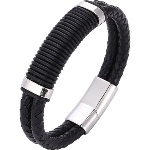 Fashion Punk Stainless Steel Charm Magnetic Black Men Bracelet Leather Genuine Braided Bangles Male Jewelry Accessories PD1071