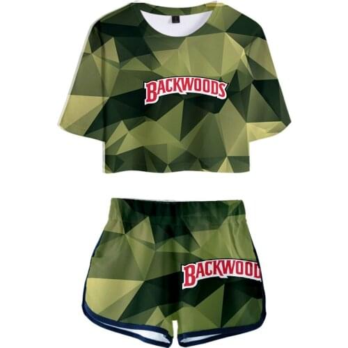 Fashion Ladies Two-Piece Set Backwoods Girls Street Belly Button T-shirt + Shorts Summer Ladies Gray 3D T Shirt Large Size Set