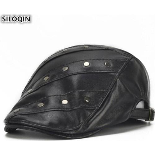 SILOQIN 2020 New Adjustable Size Leather Hat Womens Novelty Berets Genuine Leather Cap Sheepskin Leather Hats Mens Brand Caps