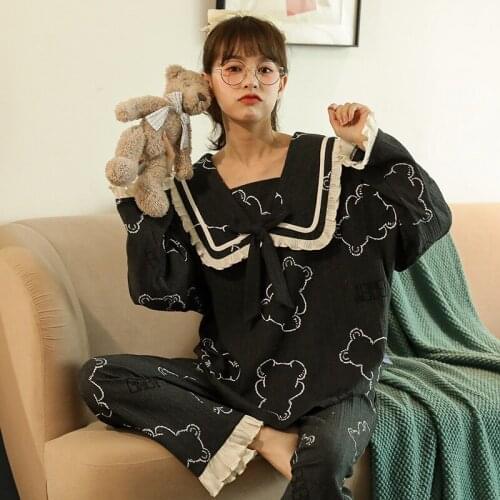 2021 New Women Pyjamas Sets Long Sleeve Cartoon Col Claudine Cute Pijama Mujer Sleepwear Cotton Korean Pajamas Homewear