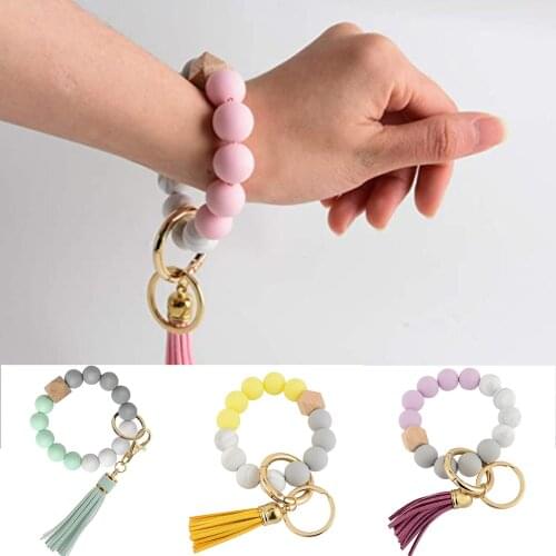 Portable House Car Keys Ring Holder Elastic Beaded Silicone Bracelet Bangle Wristlet Keychains Tassel SANA889