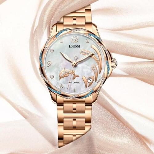 LOBINNI Luxury Women Watch,Lady Automatic Watches Self Wind Mechanical Wristwatch 50m Waterproof Sapphire Mirror Austria Crystal