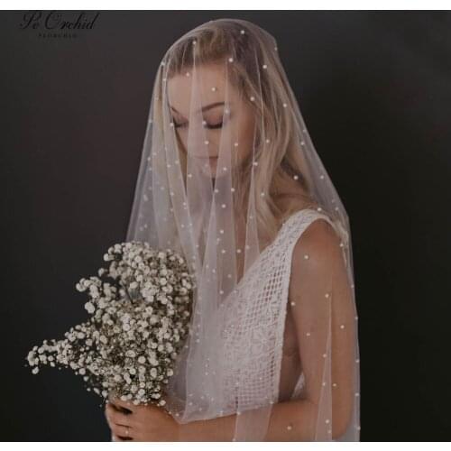 PEORCHID Cathedral Wedding Veil With Pearls 2 Meters 3 Meters Long One Layer Veil Comb Vintage Bruidssluier 2020