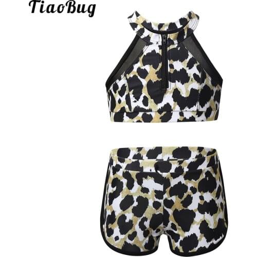 TiaoBug 2Pcs Kids Girls Tankini Sleeveless Mesh Splice Zippered Leopard Print Swimsuit Swimwear Halter Tops With Bottoms Set