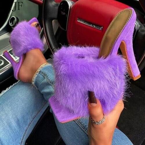 Summer Luxury Celebrities Women Pumps Fluffy Faux Fur Solid High Thin Heel Peep Toe Elegant Fashion Ladies Shoes Female Trend