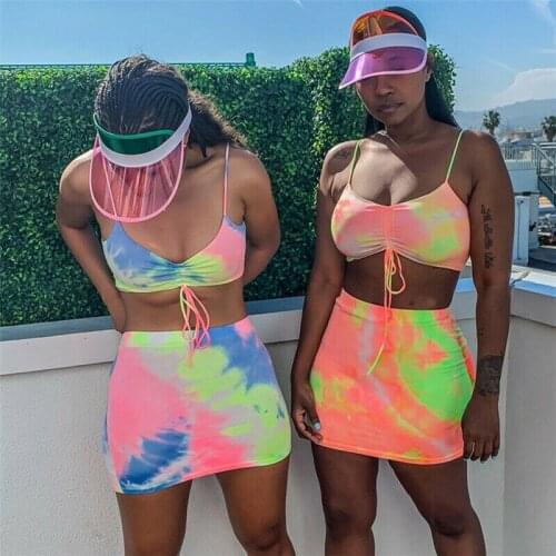 Summer Women Crop Top Camis +High Waist Mini Skirts 2PCS Fashion Girls tie-dyed Skirts Sets Sexy Ladies V-neck Dress Sets