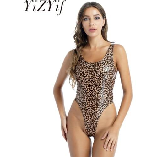 Womens Lingerie Leopard Print High Cut Sexy Bodysuit Tight Romper Patent Leather Catsuit Clubwear Sleeveless Jumpsuit Swimsuit