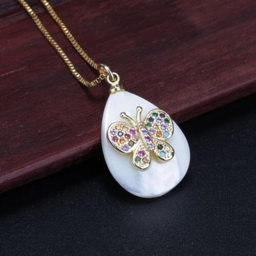 Gold butterfry mix cz glass paved charm white water drop mother pearl shell pendant & choker necklace for women daily jewelry