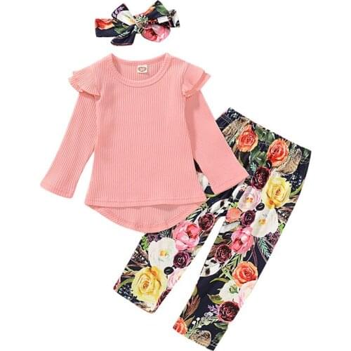 Baby girls clothes long sleeve Lotus leaf t-shirt +headband+Floral pants 3pcs suit newborn casual sets infant princess clothing