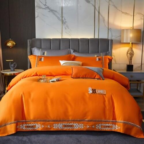 New 800TC Egyptian Cotton Bedding Sets Orange Duvet Cover Rubber Flat/Fitted Sheet Linen 4pcs