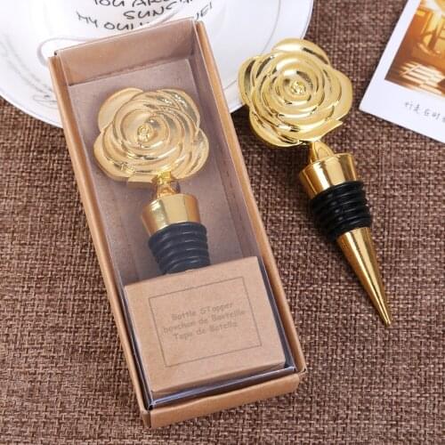 50pcs/lot Gold Rose Flower wine bottle stopper wedding favors and gifts souvenirs bridal shower party