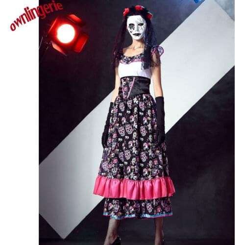 Free shipping The Dead Skeleton Costume Dia de Los Muertos Horror Lace Sexy Fancy Dress Zombie Ghost Bride Costumes