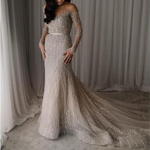 Sparkly Sweep Train Evening Gowns Saudi Arabia Sheer Neck Illusion Long Sleeves Prom Dresses Mermaid Robe De Soiree Custom Made