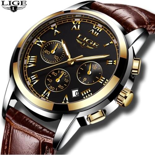LIGE Casual Leather Watchband Mens Watches Top Brand Luxury Mens Fashion Waterproof Quartz Gold Watch For Men Relogio Masculino