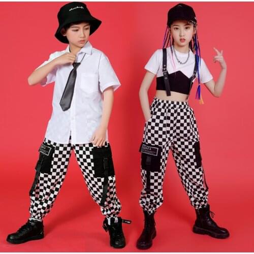 Childrens Hip-Hop Set Boys Girls Jazz Dance Costume Spring Summer Short Sleeve T-shirt Plaid Pants Suit Catwalk Rave Outfits