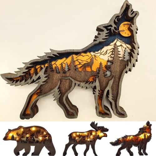 Wooden Animal Wolf Statue Creativity Wolf Totem Office Home Decorate Crafts Christmas Gift North Forest Elk Brown Bear Ornaments
