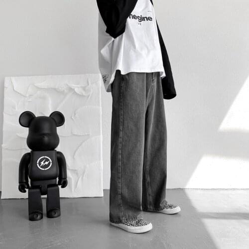 Belt Jeans Mens Fashion Baggy Gray Wide-leg Jeans Men Streetwear Harajuku Loose Hip-hop Straight-leg Denim Trousers Mens S-3XL