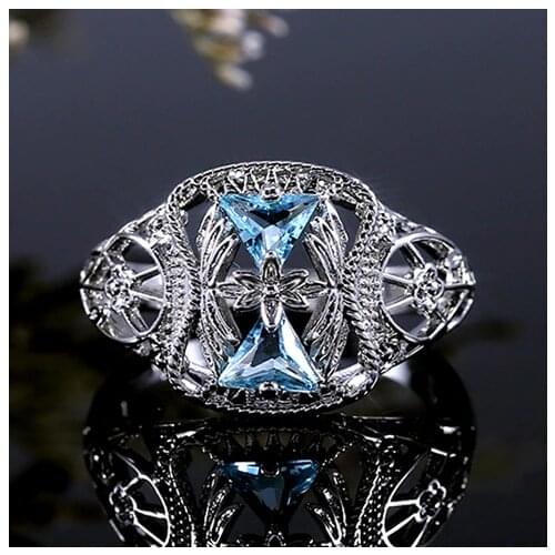 JK Luxury Double Saparate Triangle Stone Party Women Ring Queen Style Hollow Pattern With Center Flower Design Women Rings