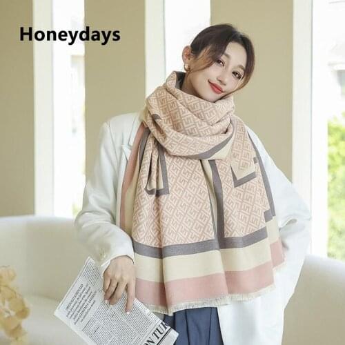 Fresh Letter Printed Cashmere Scarf Luxury Thick Double-sided Cashmere Shawl Simple Office Lady Warm Blanket Winter Neckerchief