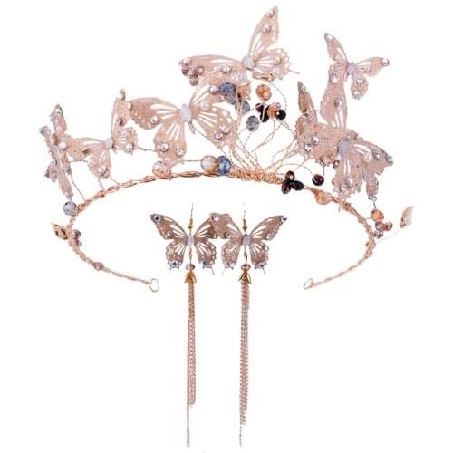 Vintage Gold Butterfly Tiaras And Crown Crystal Tassel Diadem Earrings Sets Handmade Women Hair Jewelry Wedding Accessories Gift