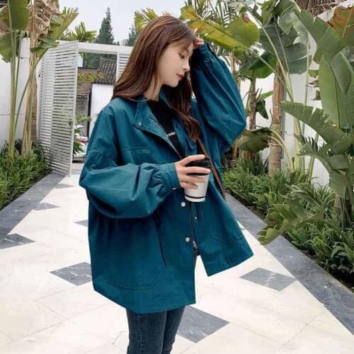 Female Retro Casual Button Jacket Drawstring Pocket Warm Khaki Jacket Autumn Korean Loose Windbreaker Ladies Mid-length Jacket