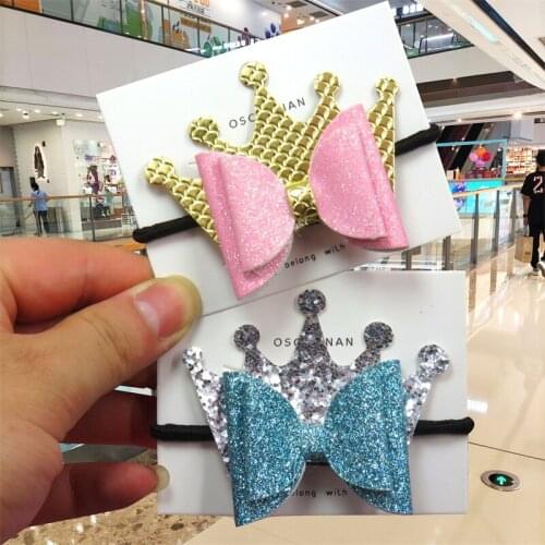 2PCS/LOT Lovely Crown Flash Ties Bows Elastic Bands For Baby Girls Hairpin Creativity Clips Pin Scrunchy Kids Hair Accessories