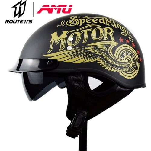AMU Motorcycle Half Helmet Retro Motorcycle Helmet Half Covered DOT Certified Protective Summer Glass Steel Scoop Helmet PC Lens