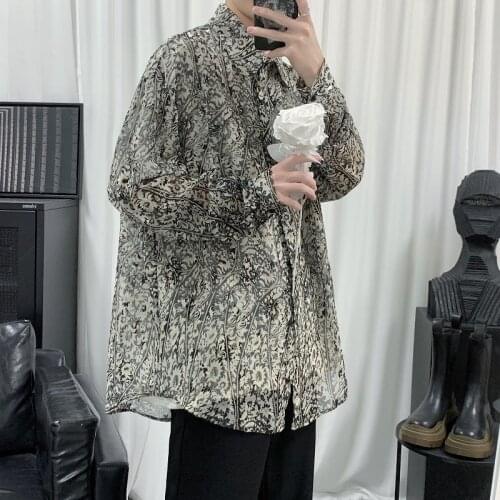 Summer Thin Print Shirt Men Korean Fashion Casual Loose Shirt Men Harajuku Streetwear Retro Social Long-sleeved Shirt Men