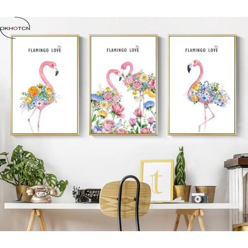 Wearing Flowers Flamingo Cartoon Animal Posters and Prints Art Canvas Painting Modern Home Decor Wall Pictures