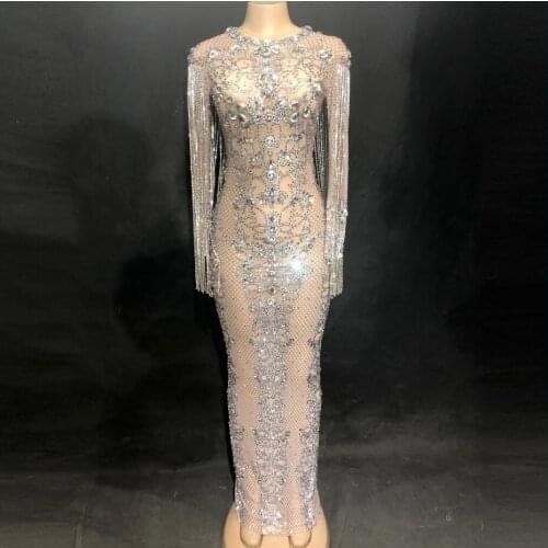New Mesh Perspective Sparkly Crystals Long Dress Evening Party Rhinestones Dresses Birthday Celebrate Costume Fringes Dress
